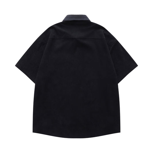 𝔼mbro 𝕊hirt𒉽美式復古可愛長頸鹿刺繡燈芯絨短袖休閒襯衫 YD-10