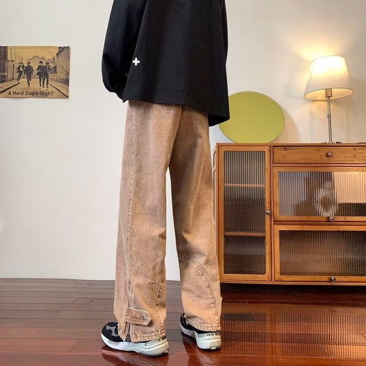 ♜ 𝔽𝕦𝕤𝕚𝕠𝕟 𝔽𝕠𝕔𝕦𝕤 𖥟 𝖏𝖊𝖆𝖓𝖘 ☞ 做舊水洗牛仔褲寬鬆直筒褲設計感纽扣開岔拉鏈闊腿褲 B-08