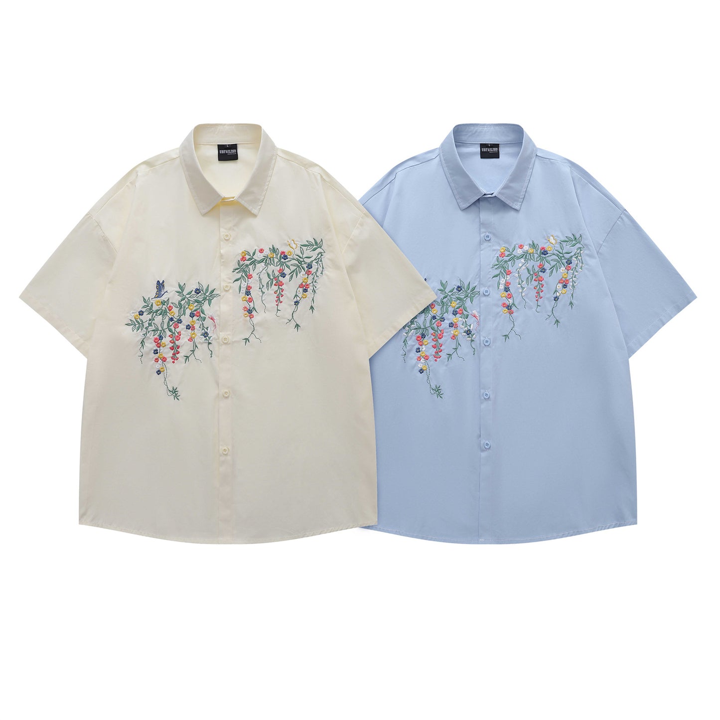 𝔼mbro 𝕊hirt𒉽日式復古花卉刺繡短袖百搭休閒襯衫 (藍色)