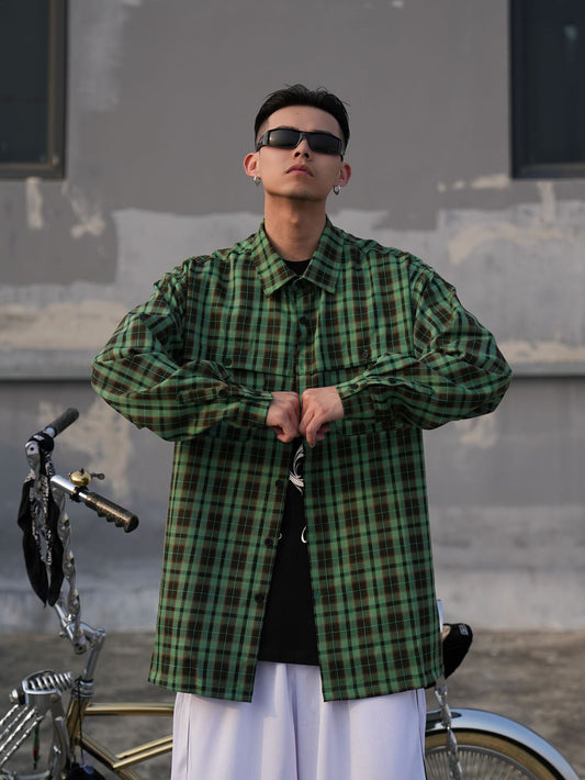 𝔽𝕦𝕤𝕚𝕠𝕟 𝔽𝕠𝕔𝕦𝕤 -ᴄʜɪᴄᴀɴᴏ♠︎悍匪♠︎美式重磅格子嘻哈街舞長袖襯衫