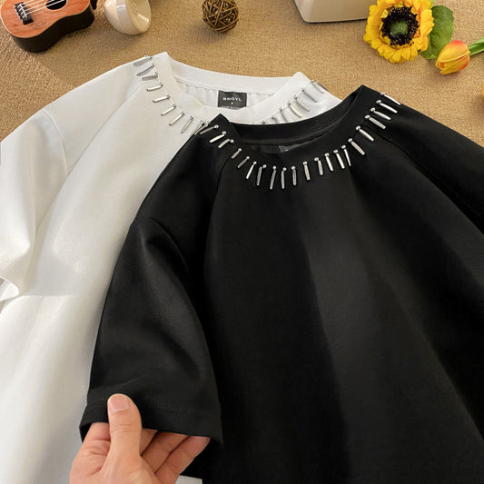 𝔽𝕦𝕤𝕚𝕠𝕟 𝔽𝕠𝕔𝕦𝕤 ✘ cleanfit黑色墊肩短袖男夏季金屬設計感小眾高級感痞帥小領口t恤 W115