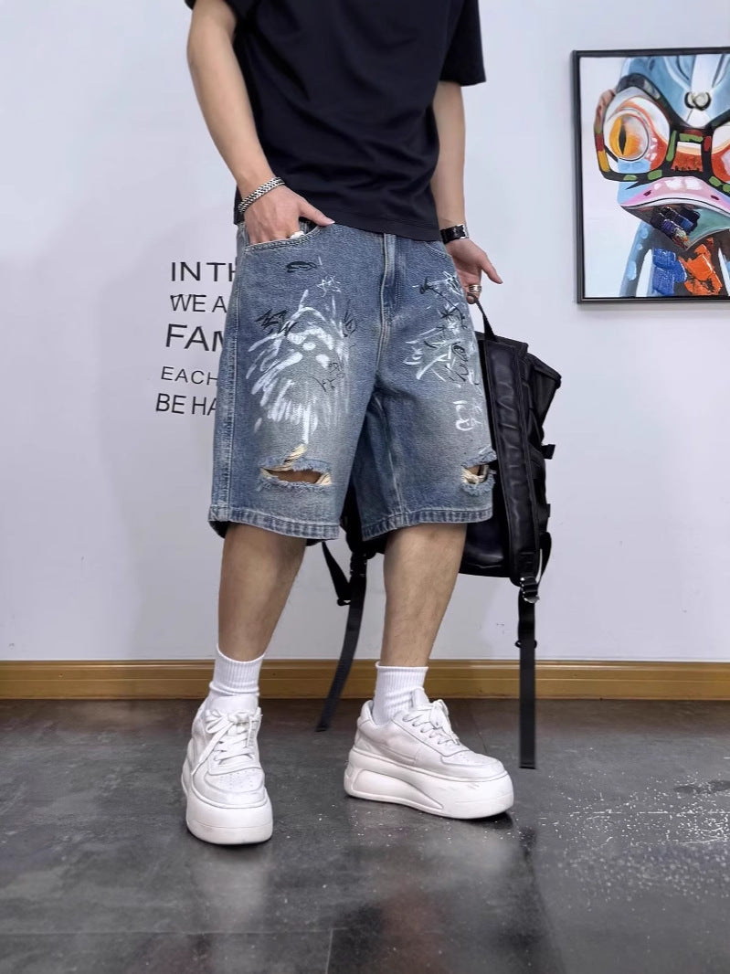 ♜ 𝔽𝕦𝕤𝕚𝕠𝕟 𝔽𝕠𝕔𝕦𝕤 𖥟 𝖏𝖊𝖆𝖓𝖘 ☞ 高街痞帥牛仔褲潮流美式五分褲2025年夏季新款男士直筒中褲 Bs-07