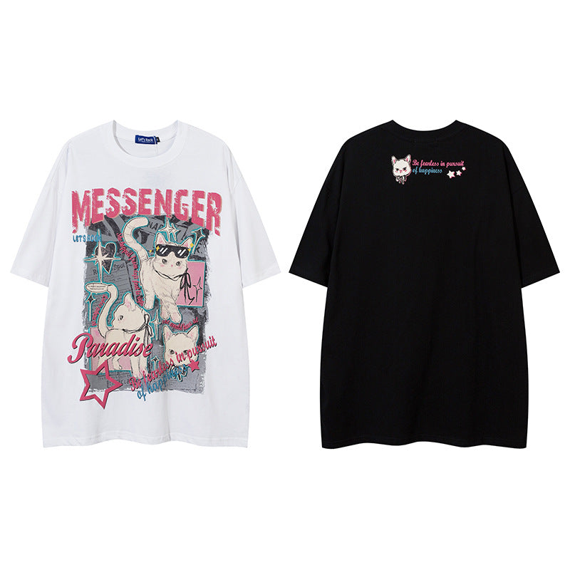 𝕃oose 𝔽it ☞𝟤𝟢𝟤𝟧 ☜美式復古貓咪印花男女中性 T-Shirt寬版上衣 RK-6