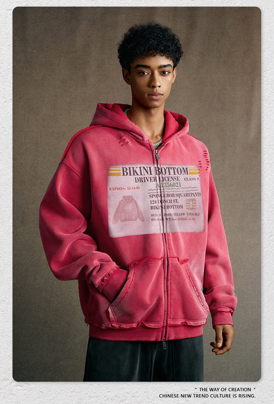 snɔoɟ uoı̣snɟ - 2025秋冬美式潮牌做舊水洗印花連帽開衫拉鏈外套 E-761