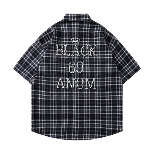 𝕃oose 𝔽it ☞𝟤𝟢𝟤𝟧 ☜美式復古字母珍珠感格子寬鬆襯衫 J-4