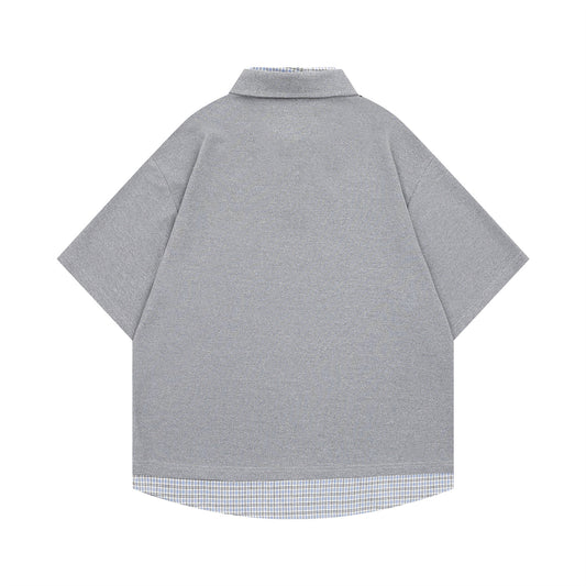 Polo Shirt𒉽美式復古拼接格子假兩件翻領POLO衫T-18