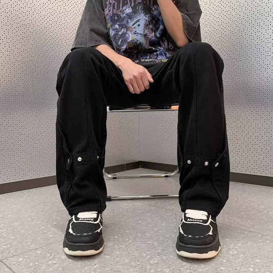 ♜ 𝔽𝕦𝕤𝕚𝕠𝕟 𝔽𝕠𝕔𝕦𝕤 𖥟 𝖏𝖊𝖆𝖓𝖘 ☞ 春夏高街美式排扣工裝復古簡約嘻哈牛仔褲寬鬆直筒 B-11