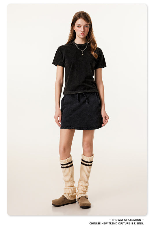 Fierce & Fitted 夏季美式高街水洗短袖上衣A字裙套裝 N-9 復古黑