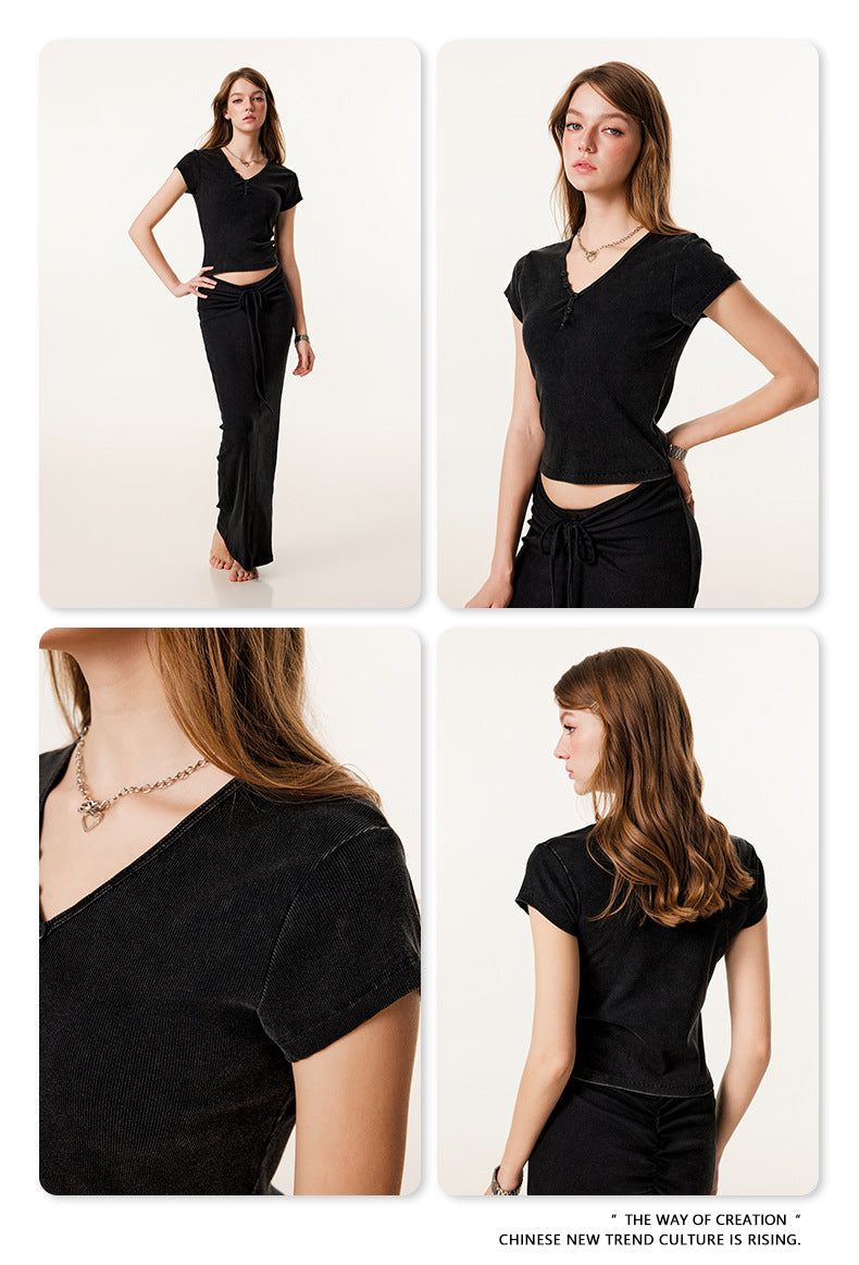 Fierce & Fitted 夏季辣妹必備V領顯瘦短T長裙套裝 復古黑