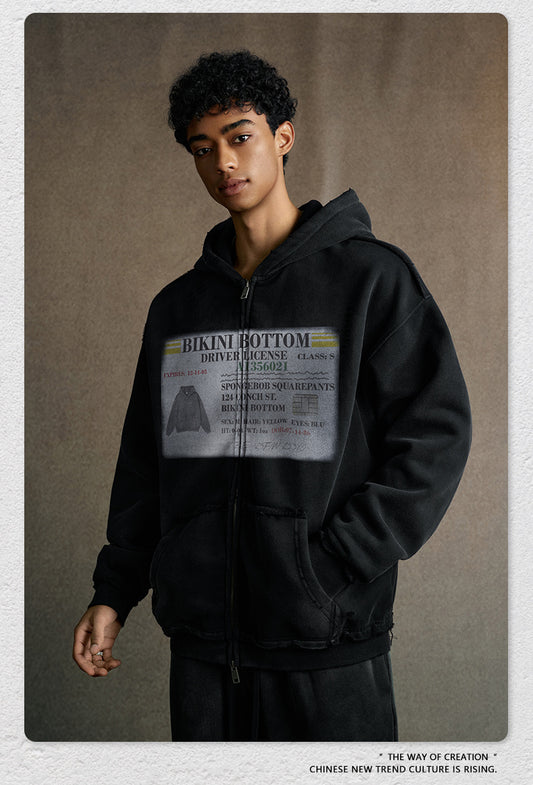 snɔoɟ uoı̣snɟ - 2025秋冬美式潮牌做舊水洗印花連帽開衫拉鏈外套 E-761