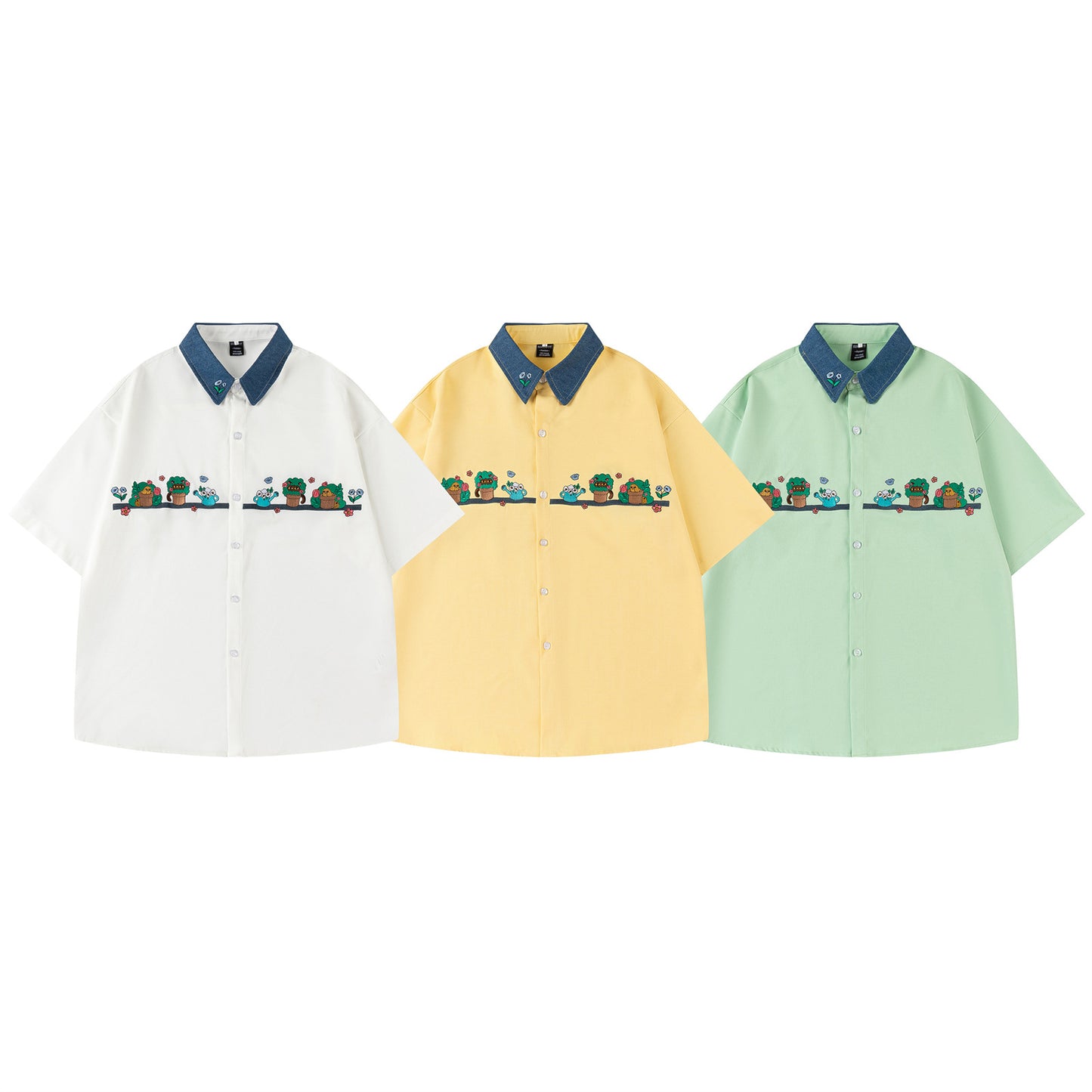 𝔼mbro 𝕊hirt𒉽日式復古花卉圖案刺繡寬鬆百搭短袖襯衫 (綠色)