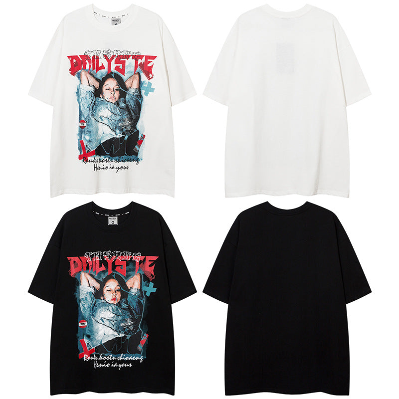 𝕃oose 𝔽it ☞𝟤𝟢𝟤𝟧 ☜美式復古設計感潮流女性人像圖案男女中性T-Shirt上衣 DA07