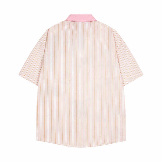 𝕃oose 𝔽it ☞𝟤𝟢𝟤𝟧 ☜美式復古可愛小狗圖短袖條紋寬鬆襯衫 IN-114
