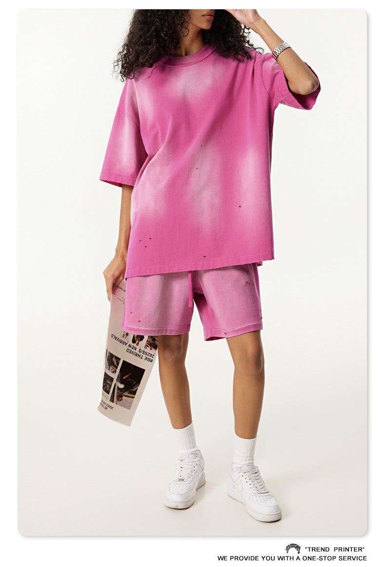 ♛𝔽𝕦𝕤𝕚𝕠𝕟 𝔽𝕠𝕔𝕦𝕤 ♛2025夏季復古重磅蠟染休閒運動五分褲 K-03