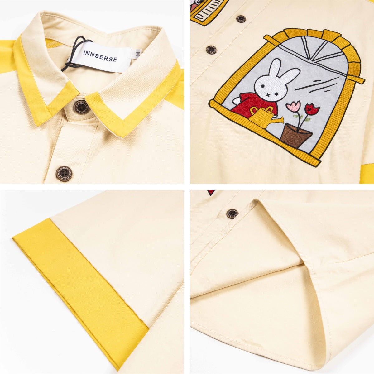 𝔼mbro 𝕊hirt𒉽美式復古卡通刺繡短袖寬鬆襯衫外套IN-113