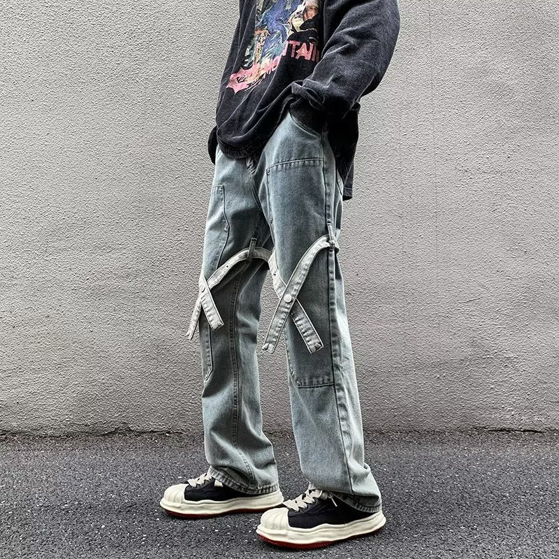 ♜ 𝔽𝕦𝕤𝕚𝕠𝕟 𝔽𝕠𝕔𝕦𝕤 𖥟 𝖏𝖊𝖆𝖓𝖘 ☞ 美式復古牛仔褲春季新款ins潮牌時尚綁帶設計感寬鬆帥氣直筒褲 D-115