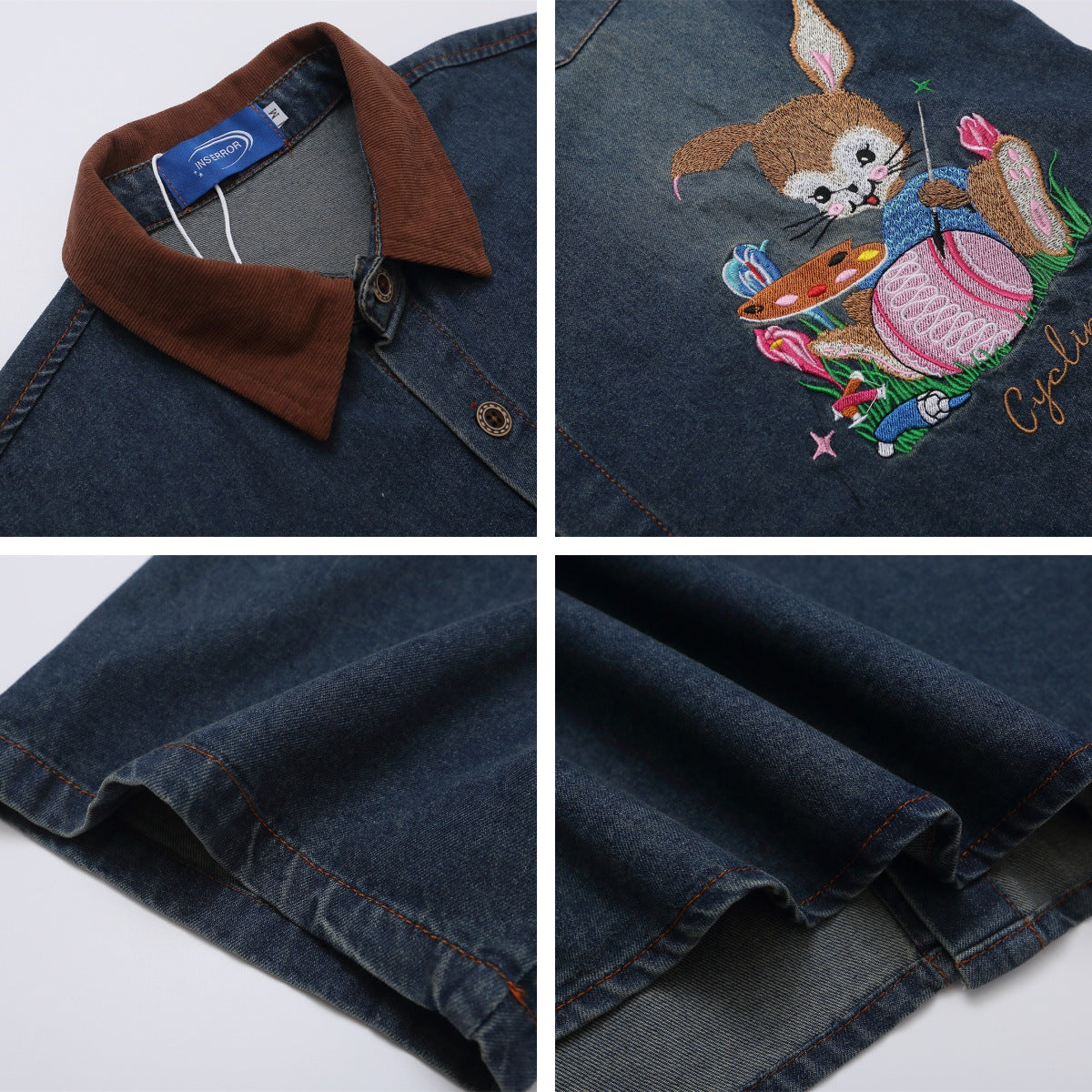 𝔼mbro 𝕊hirt𒉽趣味卡通繡花短袖牛仔襯衫外套