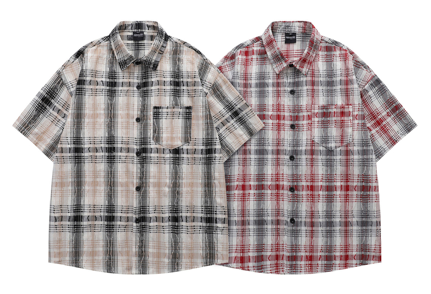 𝔼mbro 𝕊hirt𒉽日式復古毛邊格子短袖寬鬆襯衫YD-8