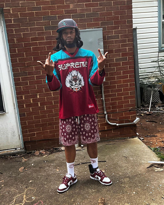 🔆𝔽𝕦𝕤𝕚𝕠𝕟 ☀ 𝔽𝕠𝕔𝕦𝕤 🔆 美式潮牌腰果花短褲男士四分褲速干網眼透氣跑步不過膝籃球運動褲(6色)