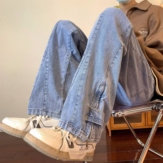 ♜ 𝔽𝕦𝕤𝕚𝕠𝕟 𝔽𝕠𝕔𝕦𝕤 𖥟 𝖏𝖊𝖆𝖓𝖘 ☞ 做舊水洗牛仔褲寬鬆直筒褲設計感纽扣開岔拉鏈闊腿褲 B-08