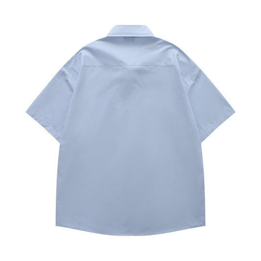 𝔼mbro 𝕊hirt𒉽日式復古可愛刺繡短袖百搭休閒襯衫 (藍色)