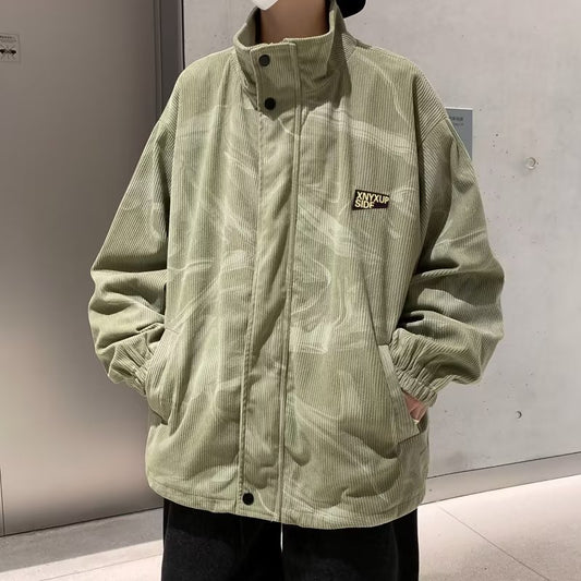 snɔoɟ uoı̣snɟ - 燈芯绒外套潮流休閒寬鬆滿印條纹印花夾克 Bc-003