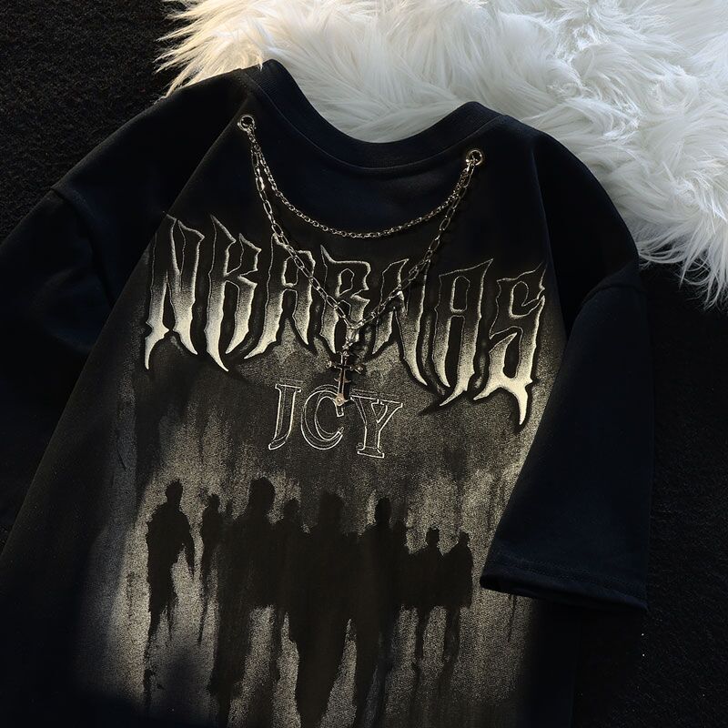 𝔽𝕦𝕤𝕚𝕠𝕟 𝔽𝕠𝕔𝕦𝕤 ✘ 歐美高街潮牌項鍊印花短袖t恤男女情侣款嘻哈hiphop寬鬆街頭上衣 W114