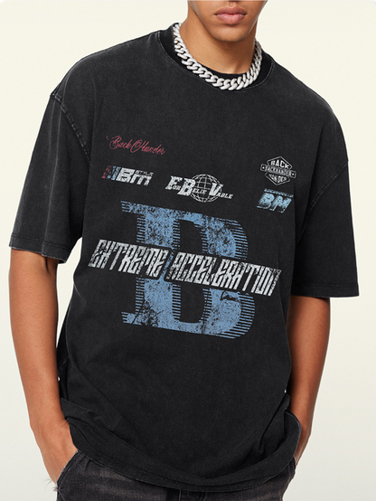 ▶𝔽𝕦𝕤𝕚𝕠𝕟 𝔽𝕠𝕔𝕦𝕤 ⌘𝓦𝓪𝓼𝓱𝓮𝓭 𝔀𝓲𝓷𝓭 ◀2025夏季美式小眾潮牌賽車字母短袖休閒水洗做舊oversize男女T恤 TZ-26