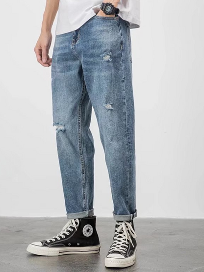 ♜  𝔽𝕦𝕤𝕚𝕠𝕟 𝔽𝕠𝕔𝕦𝕤  𖥟 𝖏𝖊𝖆𝖓𝖘  ☞2025夏季新款牛仔褲潮流破洞休閒小直筒修身九分褲 D-101