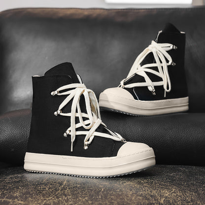 ♛𝔽𝕦𝕤𝕚𝕠𝕟 𝔽𝕠𝕔𝕦𝕤☢︎ᴄᴀꜱᴜᴀʟ ᴅʀᴇꜱꜱ ♜✽2026✽ 高筒素面不規則鞋帶側拉帆布鞋 男女款 情侶款 X-52