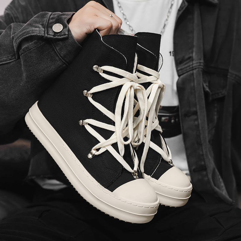 ♛𝔽𝕦𝕤𝕚𝕠𝕟 𝔽𝕠𝕔𝕦𝕤☢︎ᴄᴀꜱᴜᴀʟ ᴅʀᴇꜱꜱ ♜✽2026✽ 高筒素面不規則鞋帶側拉帆布鞋 男女款 情侶款 X-52