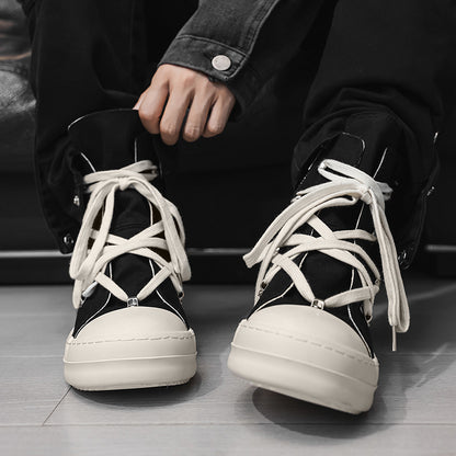 ♛𝔽𝕦𝕤𝕚𝕠𝕟 𝔽𝕠𝕔𝕦𝕤☢︎ᴄᴀꜱᴜᴀʟ ᴅʀᴇꜱꜱ ♜✽2026✽ 高筒素面不規則鞋帶側拉帆布鞋 男女款 情侶款 X-52