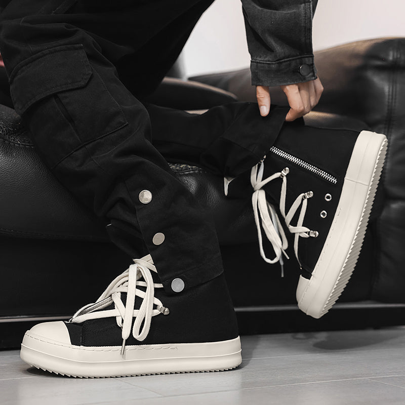 ♛𝔽𝕦𝕤𝕚𝕠𝕟 𝔽𝕠𝕔𝕦𝕤☢︎ᴄᴀꜱᴜᴀʟ ᴅʀᴇꜱꜱ ♜✽2026✽ 高筒素面不規則鞋帶側拉帆布鞋 男女款 情侶款 X-52