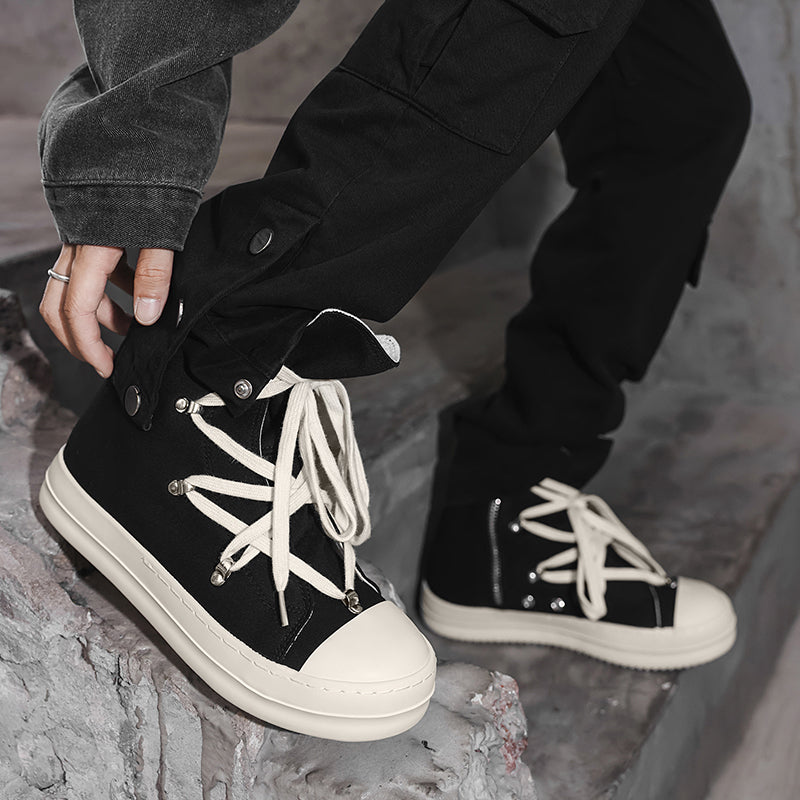 ♛𝔽𝕦𝕤𝕚𝕠𝕟 𝔽𝕠𝕔𝕦𝕤☢︎ᴄᴀꜱᴜᴀʟ ᴅʀᴇꜱꜱ ♜✽2026✽ 高筒素面不規則鞋帶側拉帆布鞋 男女款 情侶款 X-52