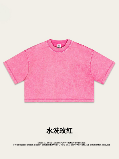 Fierce & Fitted 夏季美式復古做舊辣妹短款T袖N-7 水洗玫紅