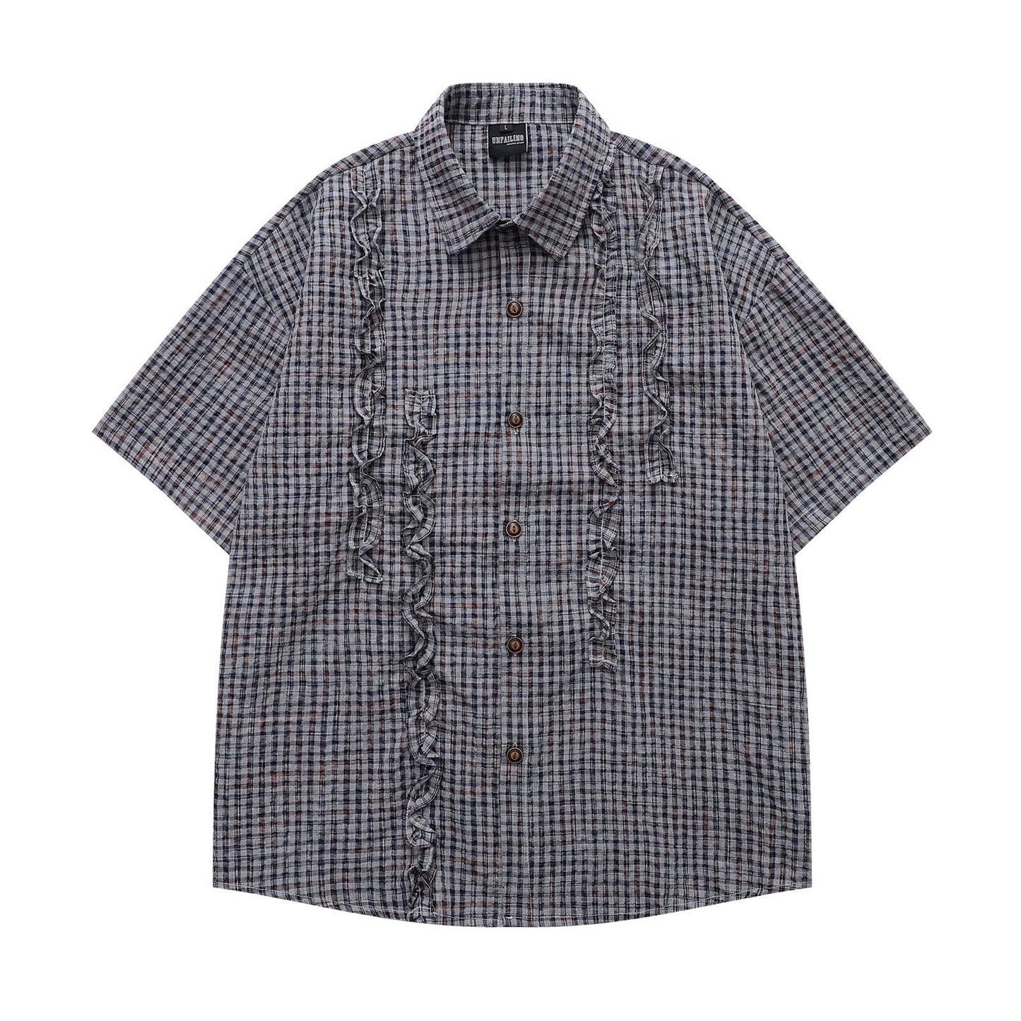 𝔼mbro 𝕊hirt𒉽日式復古格子短袖寬鬆襯衫Y-95