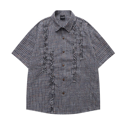 𝔼mbro 𝕊hirt𒉽日式復古格子短袖寬鬆襯衫Y-95