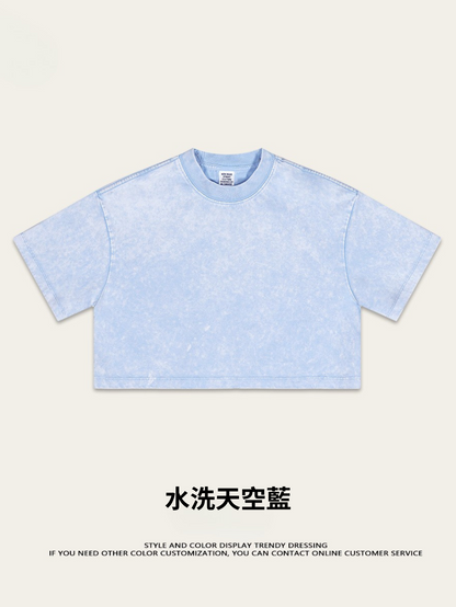 Fierce & Fitted 夏季美式復古做舊辣妹短款T袖N-7 水洗天空藍