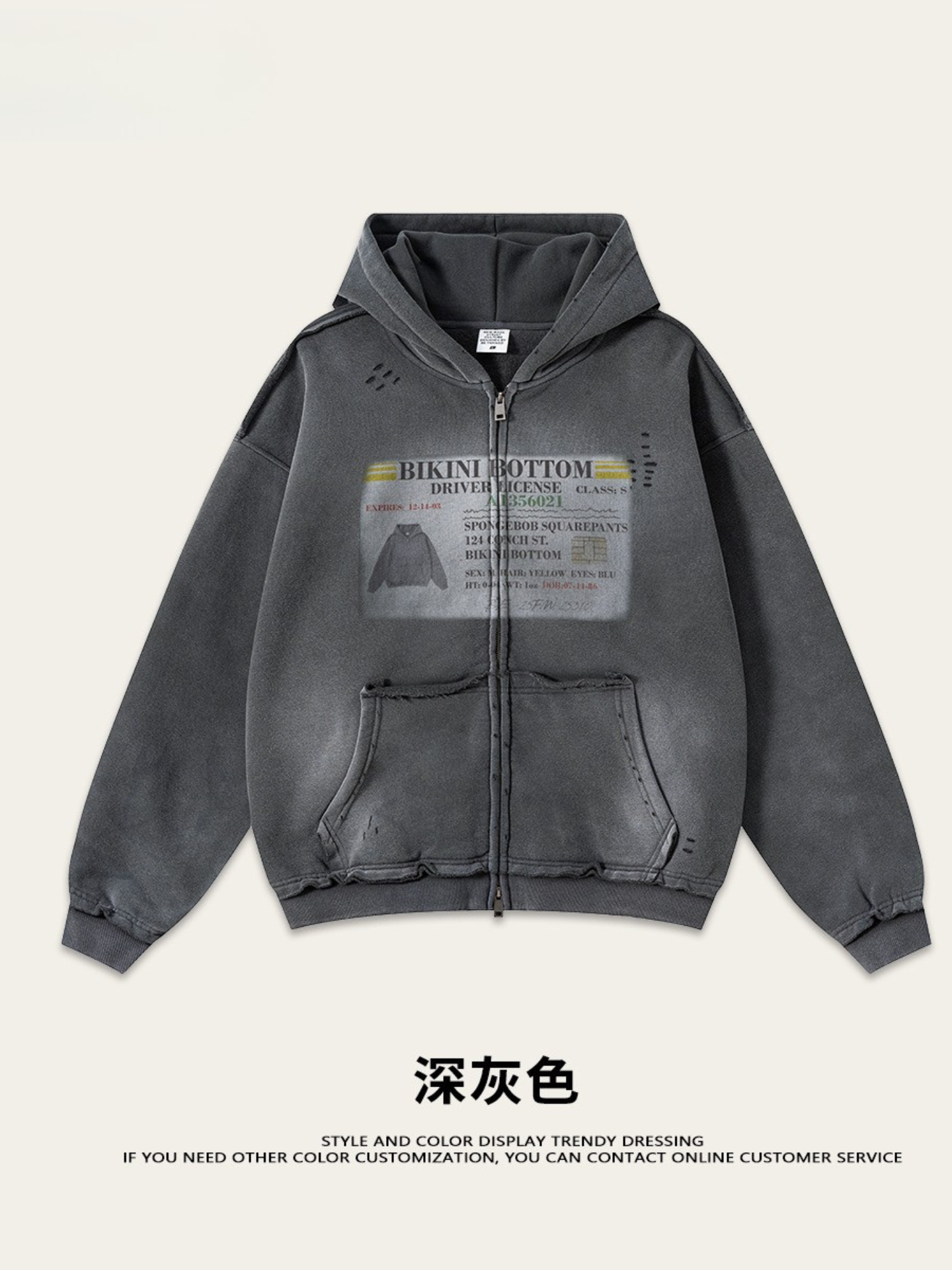 snɔoɟ uoı̣snɟ -  2025秋冬美式潮牌做舊水洗印花連帽開衫拉鏈外套  Ｅ-761