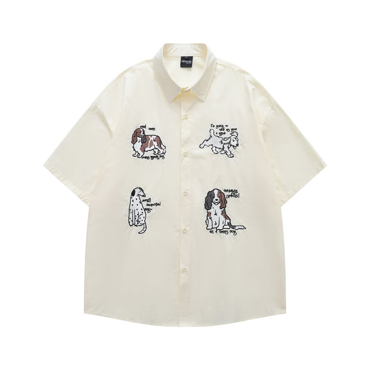 𝔼mbro 𝕊hirt𒉽美式復古可愛動物刺繡短袖百搭襯衫Y-59