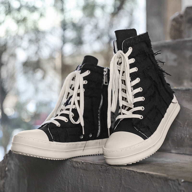 ♛𝔽𝕦𝕤𝕚𝕠𝕟 𝔽𝕠𝕔𝕦𝕤☢︎ᴄᴀꜱᴜᴀʟ ᴅʀᴇꜱꜱ ♜✽2026✽ 高筒刷破蕾絲側拉帆布鞋 男女款 情侶款 X-26