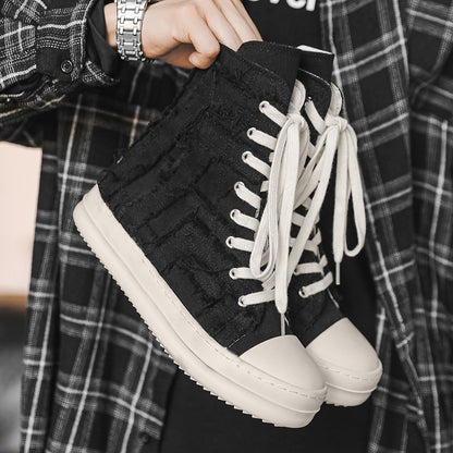 ♛𝔽𝕦𝕤𝕚𝕠𝕟 𝔽𝕠𝕔𝕦𝕤☢︎ᴄᴀꜱᴜᴀʟ ᴅʀᴇꜱꜱ ♜✽2026✽ 高筒刷破蕾絲側拉帆布鞋 男女款 情侶款 X-26