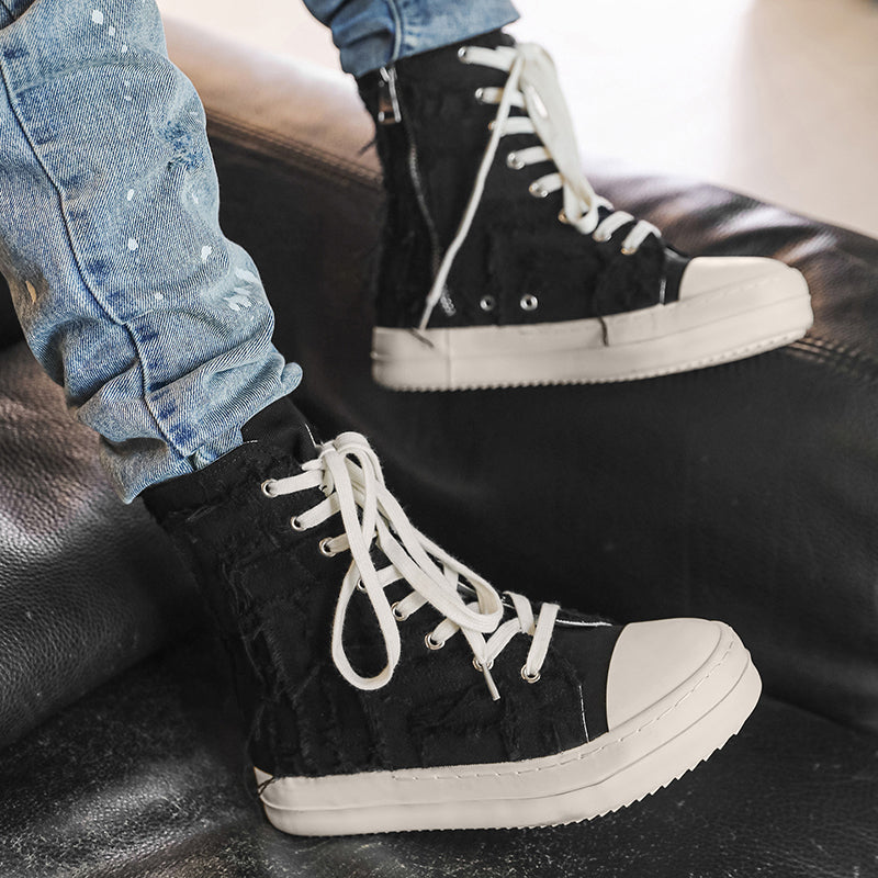 ♛𝔽𝕦𝕤𝕚𝕠𝕟 𝔽𝕠𝕔𝕦𝕤☢︎ᴄᴀꜱᴜᴀʟ ᴅʀᴇꜱꜱ ♜✽2026✽ 高筒刷破蕾絲側拉帆布鞋 男女款 情侶款 X-26