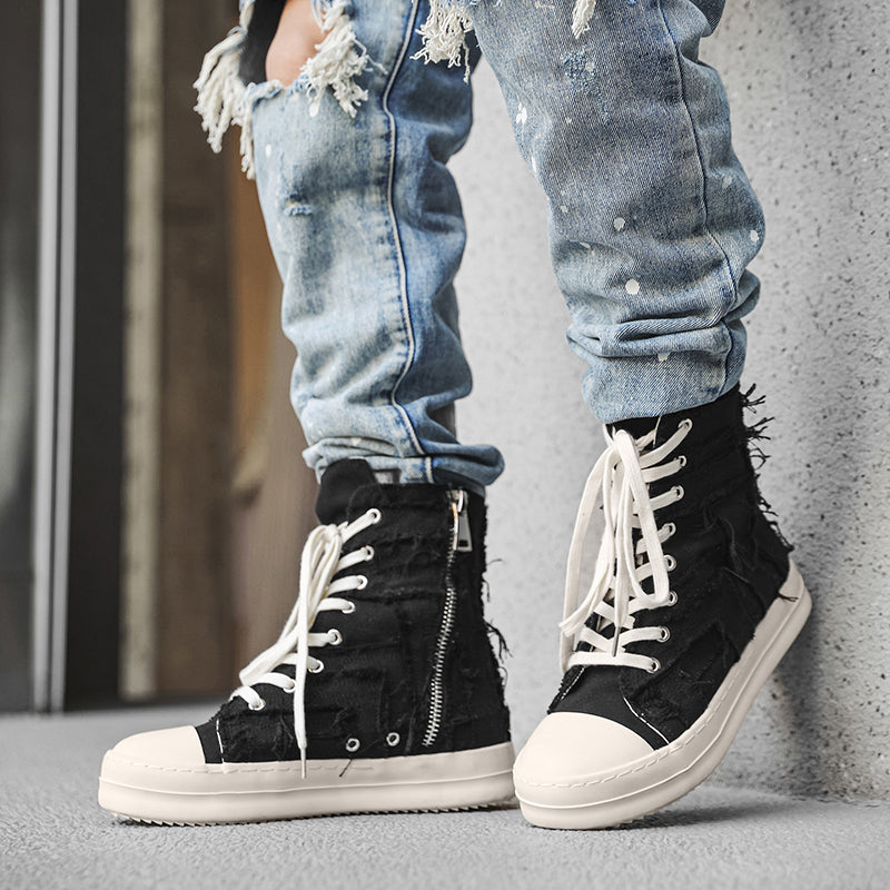 ♛𝔽𝕦𝕤𝕚𝕠𝕟 𝔽𝕠𝕔𝕦𝕤☢︎ᴄᴀꜱᴜᴀʟ ᴅʀᴇꜱꜱ ♜✽2026✽ 高筒刷破蕾絲側拉帆布鞋 男女款 情侶款 X-26