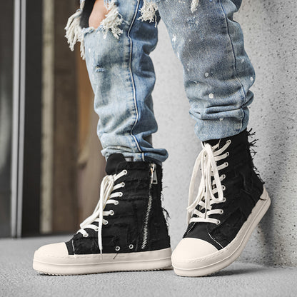 ♛𝔽𝕦𝕤𝕚𝕠𝕟 𝔽𝕠𝕔𝕦𝕤☢︎ᴄᴀꜱᴜᴀʟ ᴅʀᴇꜱꜱ ♜✽2026✽ 高筒刷破蕾絲側拉帆布鞋 男女款 情侶款 X-26