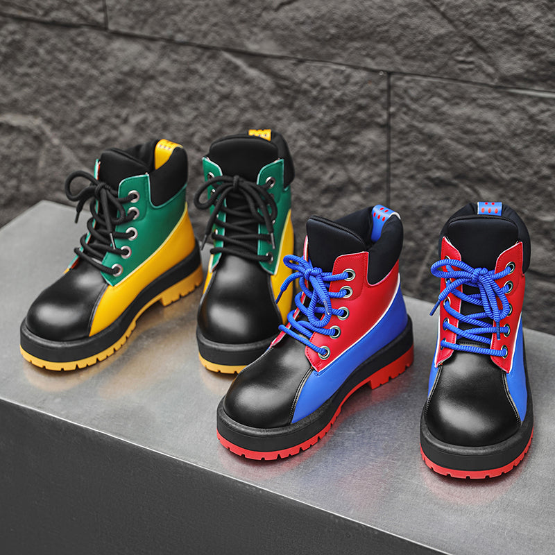 ♛𝔽𝕦𝕤𝕚𝕠𝕟 𝔽𝕠𝕔𝕦𝕤☢︎ᴄᴀꜱᴜᴀʟ ᴅʀᴇꜱꜱ ♜✽2026✽ 復古風撞色高筒五孔靴 男女款 情侶款（大🦶到45碼）YZ-09