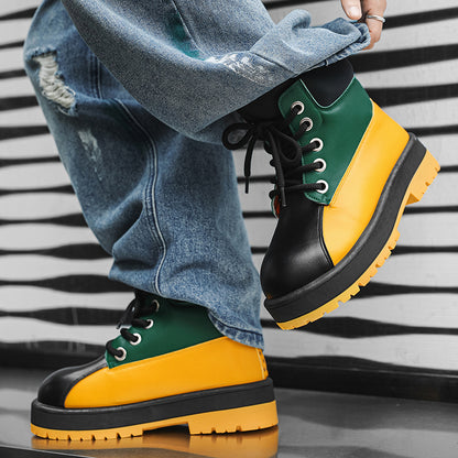♛𝔽𝕦𝕤𝕚𝕠𝕟 𝔽𝕠𝕔𝕦𝕤☢︎ᴄᴀꜱᴜᴀʟ ᴅʀᴇꜱꜱ ♜✽2026✽ 復古風撞色高筒五孔靴 男女款 情侶款（大🦶到45碼）YZ-09