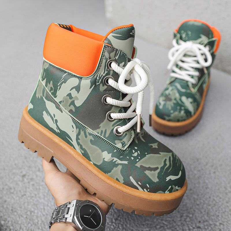 ♛𝔽𝕦𝕤𝕚𝕠𝕟 𝔽𝕠𝕔𝕦𝕤☢︎ᴄᴀꜱᴜᴀʟ ᴅʀᴇꜱꜱ ♜✽2026✽ 迷彩風高筒隱形增高厚底五孔男靴（大🦶到45碼） YZ-08
