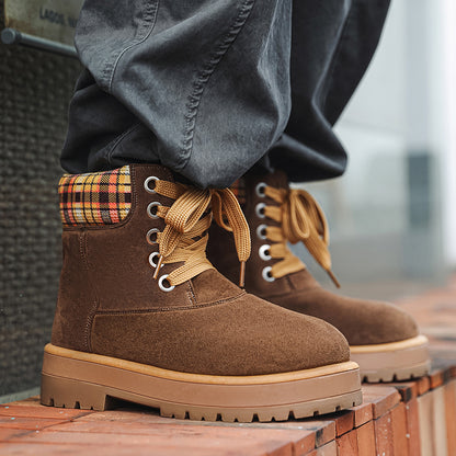 ♛𝔽𝕦𝕤𝕚𝕠𝕟 𝔽𝕠𝕔𝕦𝕤☢︎ᴄᴀꜱᴜᴀʟ ᴅʀᴇꜱꜱ ♜✽2026✽ 復古風高筒格子領雪地五孔靴 男女款 情侶款（大🦶到45碼）YH-06