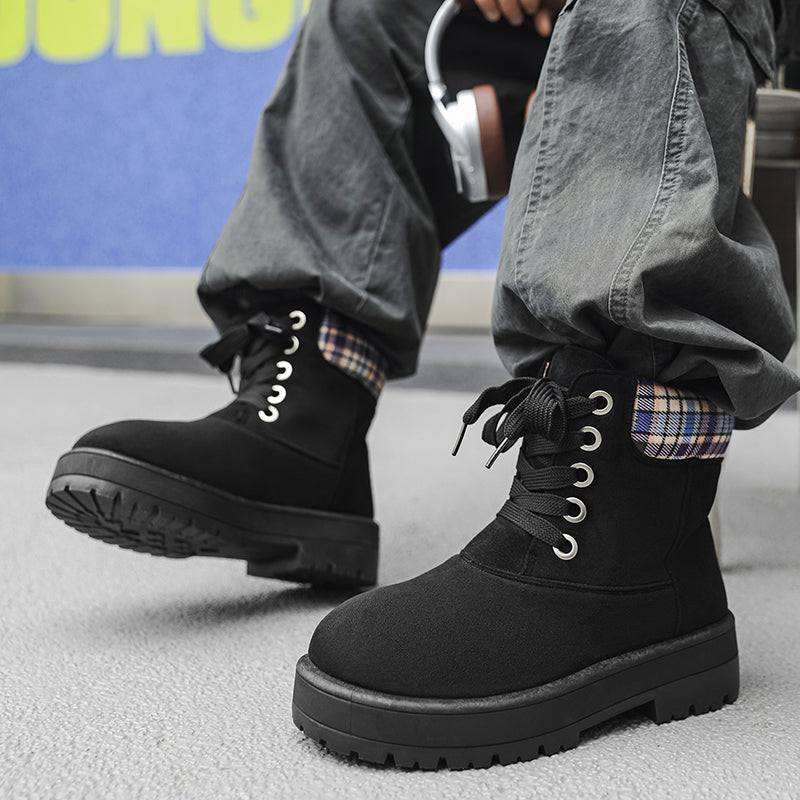 ♛𝔽𝕦𝕤𝕚𝕠𝕟 𝔽𝕠𝕔𝕦𝕤☢︎ᴄᴀꜱᴜᴀʟ ᴅʀᴇꜱꜱ ♜✽2026✽ 復古風高筒格子領雪地五孔靴 男女款 情侶款（大🦶到45碼）YH-06